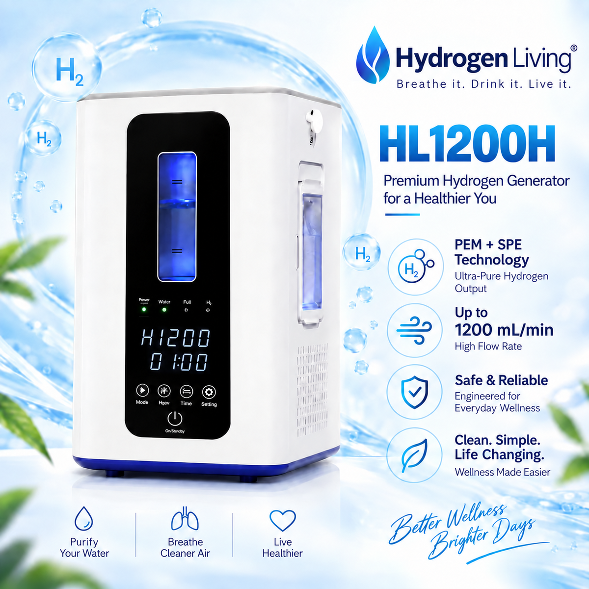 HL1200H hydrogen machine with H1200 display — 1200 mL/min