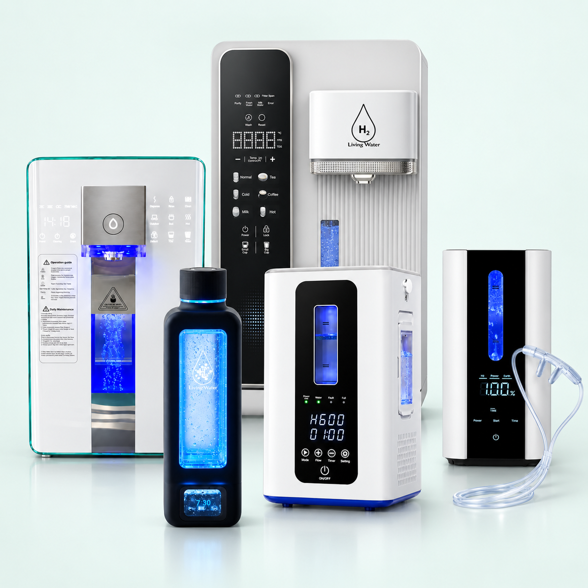 Hydrogen Living portable bottle, two hydrogen water systems, and two hydrogen and oxygen inhalation systems